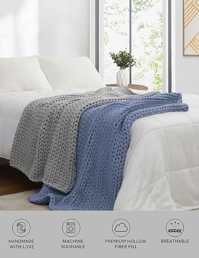 YnM Chunky Throw Blanket, Medium-Weight, Hand Knitted, Skin Friendly, Ventilated and Breathable, Machine Washable, Home Décor Piece for Couch, Sofa and Bed (Cerulean Blue, 40x50 Inch)