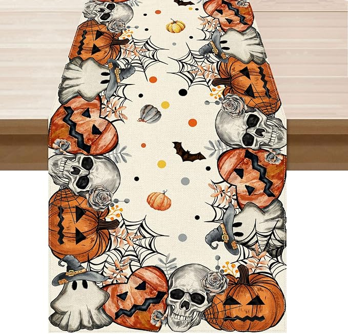 XCHI Spooky Skeleton Ghost Pumpkin Halloween Table Runner Party Table Decoration for Home Kitchen Dining Holiday Decor 13x120 Inch
