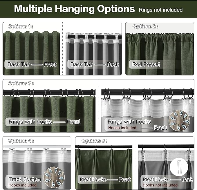 Long Blackout Curtains 108 Inch Long 2 Panels, Back Tab Pleated Look Drapes for Track System with Hooks, Noise Reducing Spring Blackout Winodw Curtains for Living Room 50x108-Loden/Olive Green