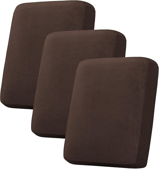 H.VERSAILTEX Velvet Stretch Couch Cushion Cover Plush Cushion Slipcover for Chair Loveseat Sofa Cushion Furniture Protector Seat Cushion Sofa Cover (3 Piece Sofa Cushion Covers, Brown Striped)