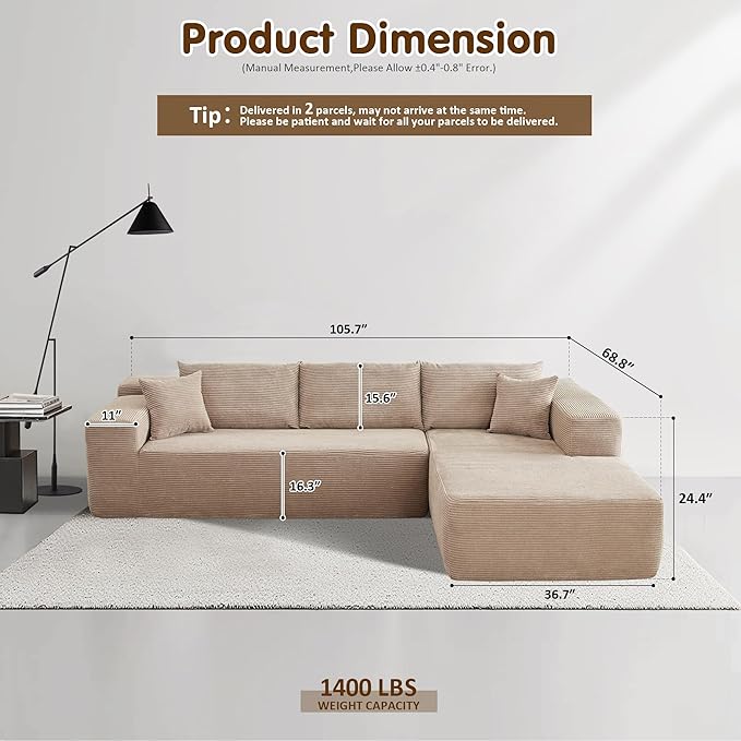 ovios 104" Cloud Sectional Couch with L-Shape Chaise,Modern Modular Sofa with Deep Seat, Upholstered Couches for Living Room Bedroom,No Assembly Required, Camel (Corduroy Fabric)