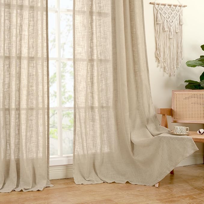 LAMIT Sheer Linen Curtains 63 Inches Long for Bedroom, Faux Linen Textured Light Filtering Drapes Bronze Grommet Semi Sheer Neutral Panels for Farmhouse, 2 Panels, 34 x 63 Inch, Brown