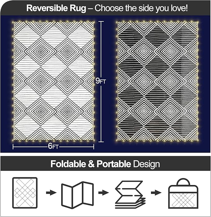 6x9ft Waterproof Outdoor Rug with LED Lights, Foldable Reversible Plastic Straw Mat for Patio RV Camping Picnic Balcony Beach Deck Indoor Outdoor Carpet, Black&White