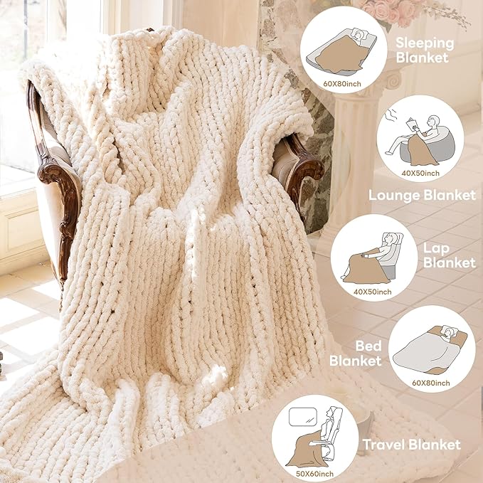 Chunky Knit Blanket - Luxury Soft Cozy Extra Large Size (80 * 90) Throw Blanket,100% Woven Blanket Rope Knot Throw Blanket for Couch, Sofa, Home Decor, Gift - Machine Washable（Cream）