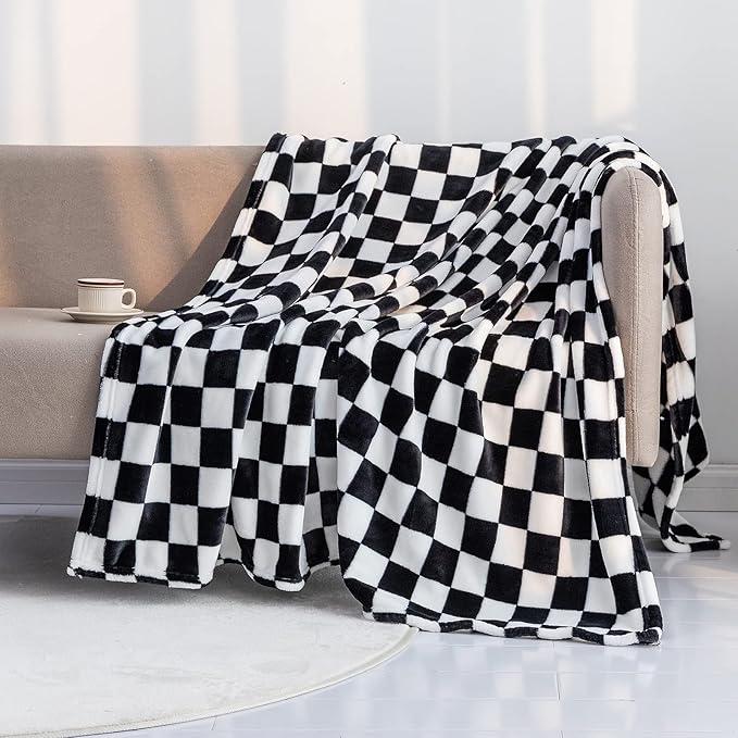 LOMAO Throw Blankets Flannel Blanket with Checkerboard Grid Pattern Soft Throw Blanket for Couch, Bed, Sofa Luxurious Warm and Cozy for All Seasons (Black, 40"x50")