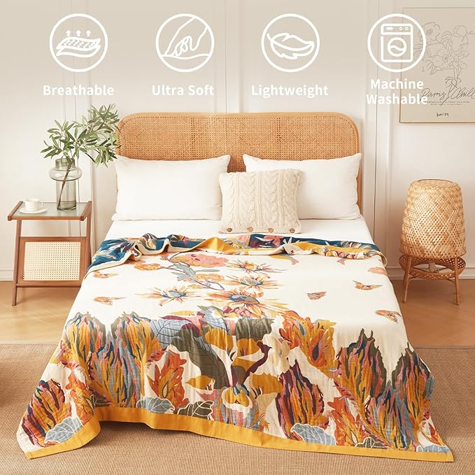 Cotton Throw Blanket Floral Printed Throw for Bed Soft Breathable Farmhouse Blankets Home Decoration Picnic Blanket (60"x80",02-Colorful Flowers)