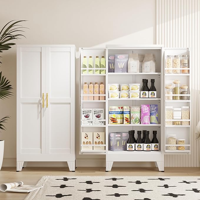51" Kitchen Pantry Cabinet, Metal Storage Cabinet with 3 Adjustable Layer Shelves, 8 Door Shelves, Buffet Sideboard for Living Room, Kitchen, White