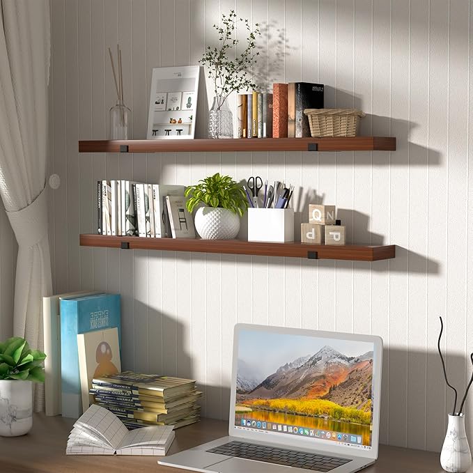 CONSDAN Floating Shelves for Wall Mounted Book Shelf Hanging Shelves Floating Bookshelf for Bedroom, Bathroom, Living Room, Kitchen USA Grown Solid Hardwood, Dark Maple 60x7.5x1.5 in (Set of 3)