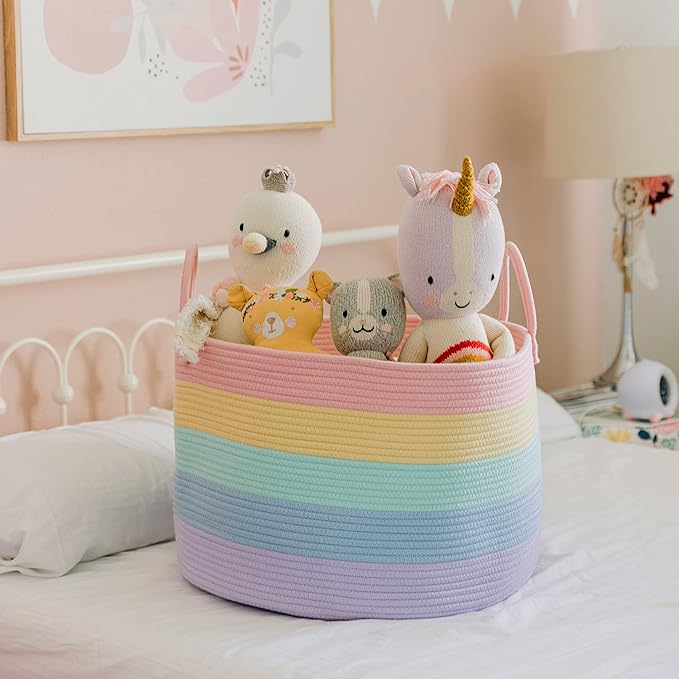 OrganiHaus Cute Basket for Pastel Rainbow Classroom Decor 20x13, Toy Basket Storage for Kids Room, Toy Bins for Kids Organizer, Large Blanket Basket Living Room, Rainbow Storage Bins, Nursery Hamper