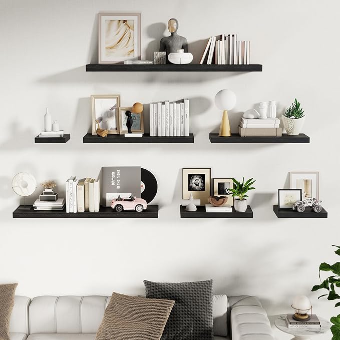 Fun Memories 24 Inch Floating Shelves Wall Mounted, 10 Inch Deep Wall Shelves, 24 x 10 Floating Shelf for Living Room Bathroom Bedroom, Black, Set of 2