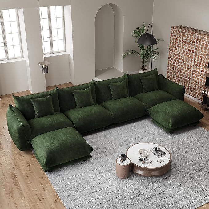 Modern Minimalist Chenille Modular Sectional Sofa, Oversized Deep-Seat U-Shaped Couch with Movable Ottoman, Thick Cushions, Upholstered Sofa for Living Room, Bedroom, Office, Apartment Green 2 Ottoman