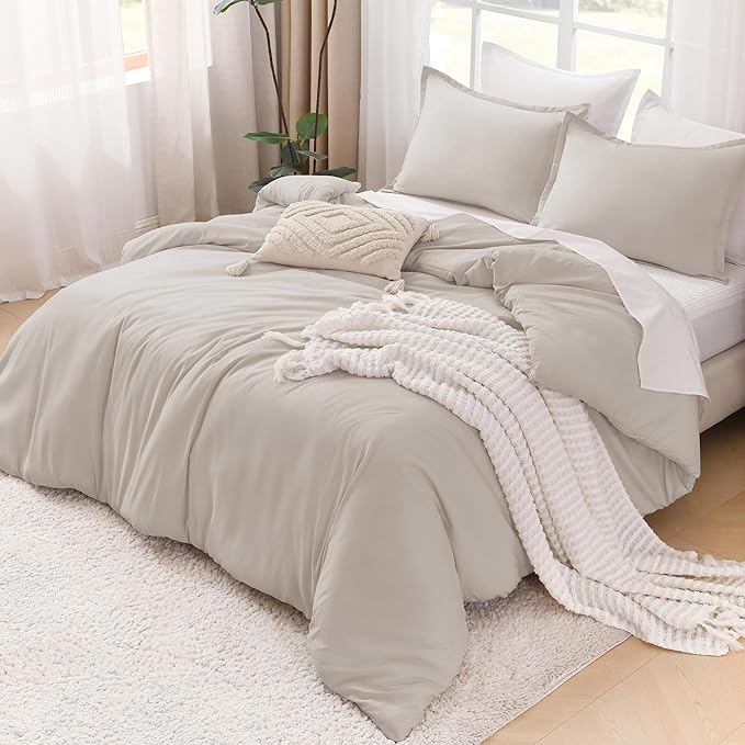 Litanika Linen Grey Comforter Set California King Size, 3 Pieces Cal King Lightweight Solid Bedding Comforter Set, All Season Fluffy Bed Set (104x96In Comforter & 2 Pillowcases)
