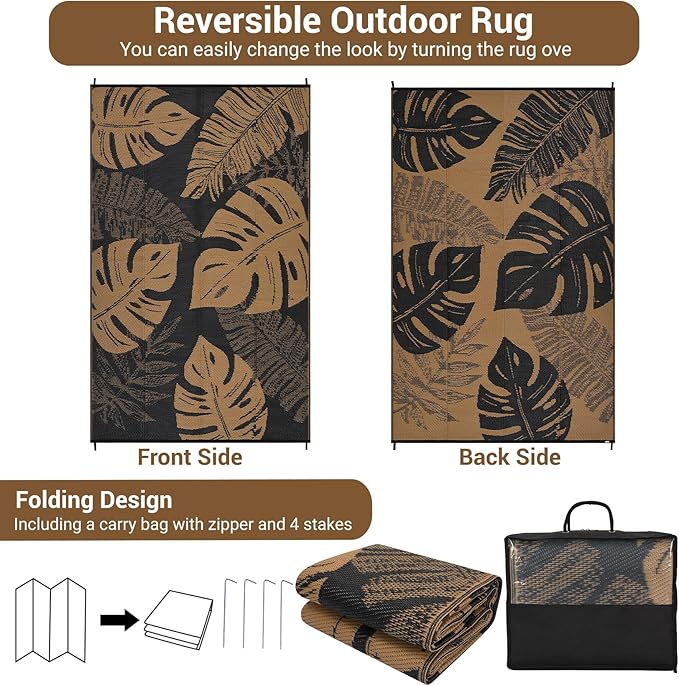 GAOMON Outdoor Rug Waterproof 9x12 Outdoor Plastic Straw Rug for Patio, Reversible Modern Camping Mat with Bag & Stakes, UV Resistant & Easy to Clean Carpet for RV, Deck, Balcony, Porch, Brown