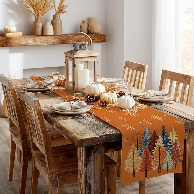GEEORY Fall Watercolor Trees & Maple Leaves Table Runner 13x90 Inch, Rustic Farmhouse Autumn Thanksgiving Decor for Kitchen, Dining, Indoor/Outdoor Holiday Dinner Party Orange GT158-90