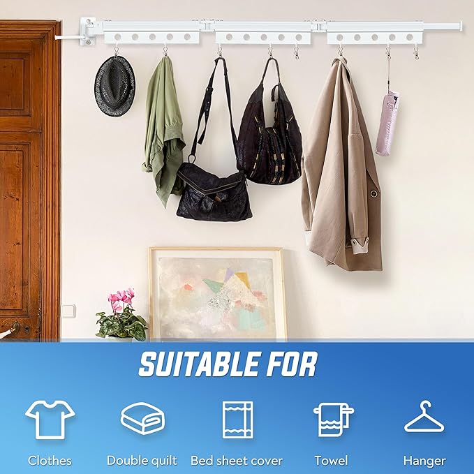 Clothes Drying Rack Wall Mounted, Retractable Space-Saving Foldable Laundry Drying Rack for Indoor & Outdoor Use - Laundry Rooms, Bathroom & Balconies,Includes 10 Clothespins(White)