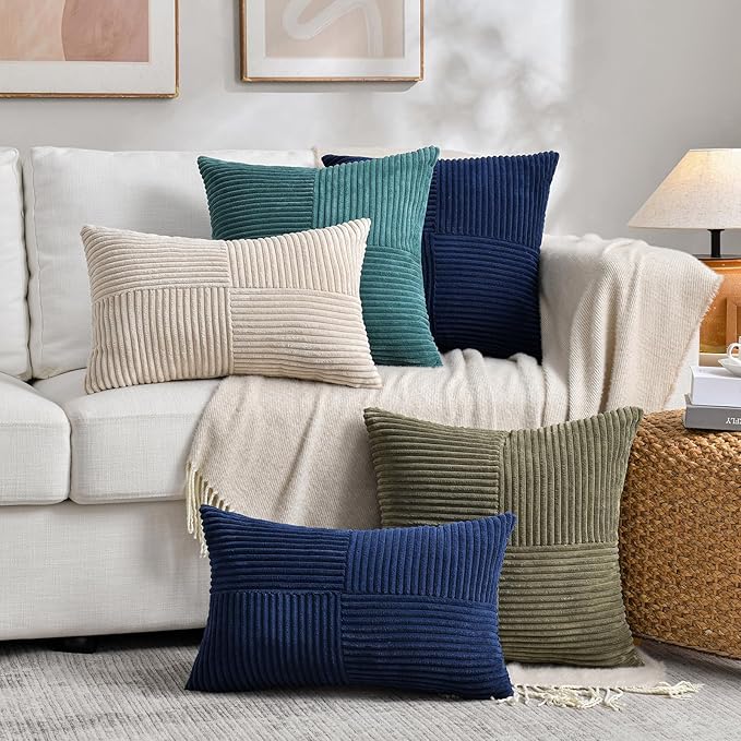Fancy Homi 2 Packs Tan Decorative Throw Pillow Covers 20x20 Inch for Living Room Couch Bed Sofa, Farmhouse Boho Home Decor, Soft Corss Corduroy Patchwork Accent Square Beige Cushion Case 50x50 cm