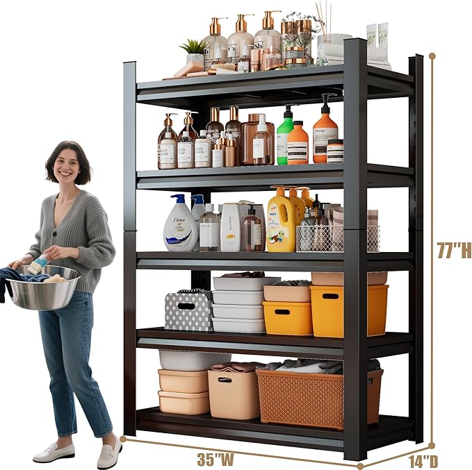 Over The Washer and Dryer Storage Shelf with Baskets, Multi Functional Storage Rack Storage Shelf Organizer Black for Laundry Room,Suit Washing Machine Width Within 32.6", Hold 500 lb, Black