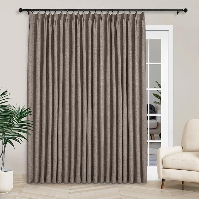 Macochico Extra Wide Full Blackout Linen Curtains for Sliding Door Light Coffee Pinch Pleated Linen Curtains 96 Inches Long for Bedroom Living Room Farmhouse with Tieback 120”Wx96”L 1 Panel