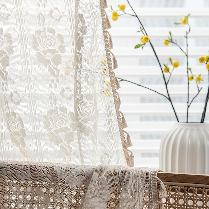Sutuo Home Beige Boho Curtains for Living Room Bedroom,Bohemian Crochet Florals Embroidery Sheer Lace Handmade Tassels Vintage Rustic Window Treatment Country Drape Rod Pocket 1 Panel 59" W x 96" L