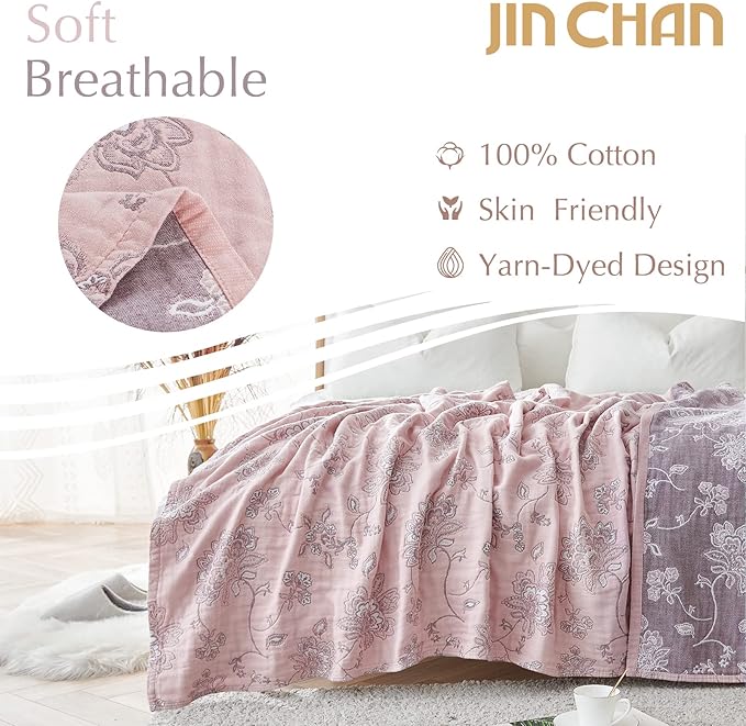 jinchan Boho 100% Cotton Muslin Twin Size 60x80 Inches Blanket Lightweight 4-Layer Quilted Soft Pink Red Floral Throw Blanket Reversible Comfy Flower Breathable All Seasons Couch Bedroom Decor
