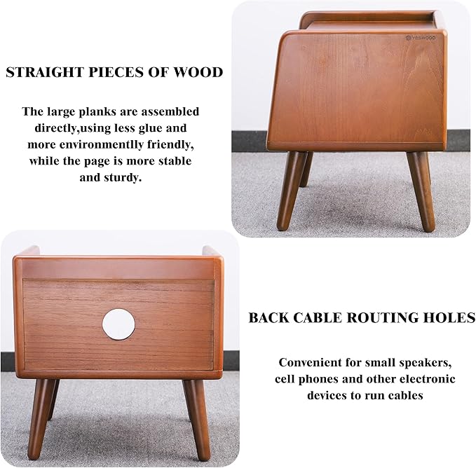Small Nightstand, 100% Solid Oak Wood Bedside Table, Mid Century Modern Nightstand with Open Storage,Storage Cabinet for Bedroom (2pc Walnut Color)