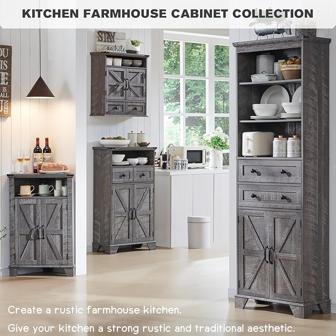 Bathroom Wall Cabinet, Farmhouse Medicine Cabinet, 24" Wide Cabinet with Drawer, Adjustable Shelf, Double Barn Doors, Storage Cabinet for Bathroom, Kitchen, Living Room, Grey Wash