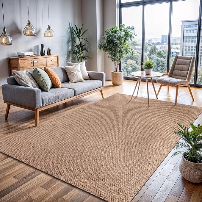 CAMILSON Easy Jute Rug 6x9, Indoor Outdoor Natural Color Farmhouse Area Rugs for Living Room Patio and Kitchen Rug, Solid Boho Woven Design, Easy-Cleaning, Washable Outside Carpet Alfombras (6 x 9)