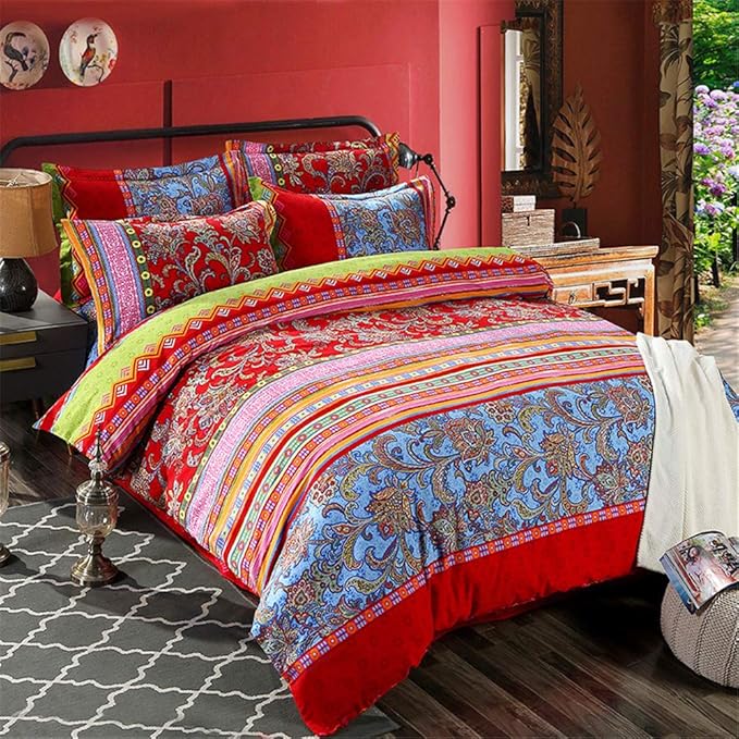 ABREEZE Bohemian Duvet Cover Set Colorful Red Boho Retro Bedding Set Damask Paisley Cotton Duvet Cover Tribal Reversible Bedding Exotic Style Comforter Cover 3-Piece Full
