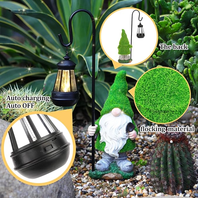 Flocked Solar Garden Gnomes Outdoor Statues 15.8”Outdoor Garden Decor LED Outdoor Decor Light Unique Housewarming Gifts Yard Art Sculptures for Patio Lawn Ornaments