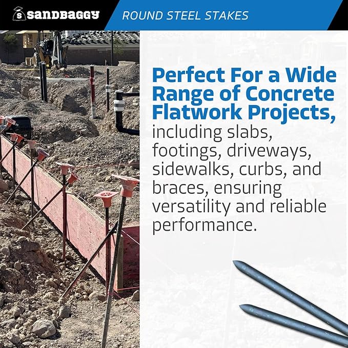 Sandbaggy Round Steel Concrete Form Stakes with Nail Holes - Rust Resistant Coating - Removable, Reusable (5, 3/4 in X 24 in)