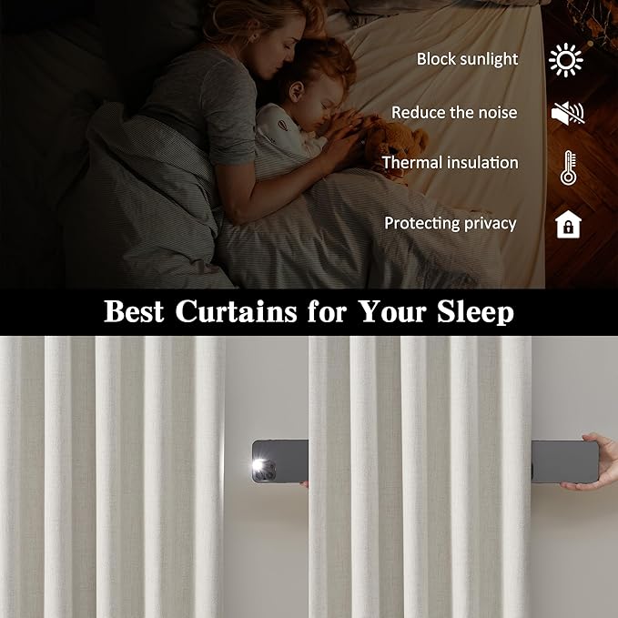 RAIN CITY Natural Birch Extra Wide 70 x 94 Linen Blackout Curtains for Track System,Back Tab 70 Inch Wide Pleated Drapes with Hooks 2 Panels Room Divider Curtains for Patio Sliding Door Living Room