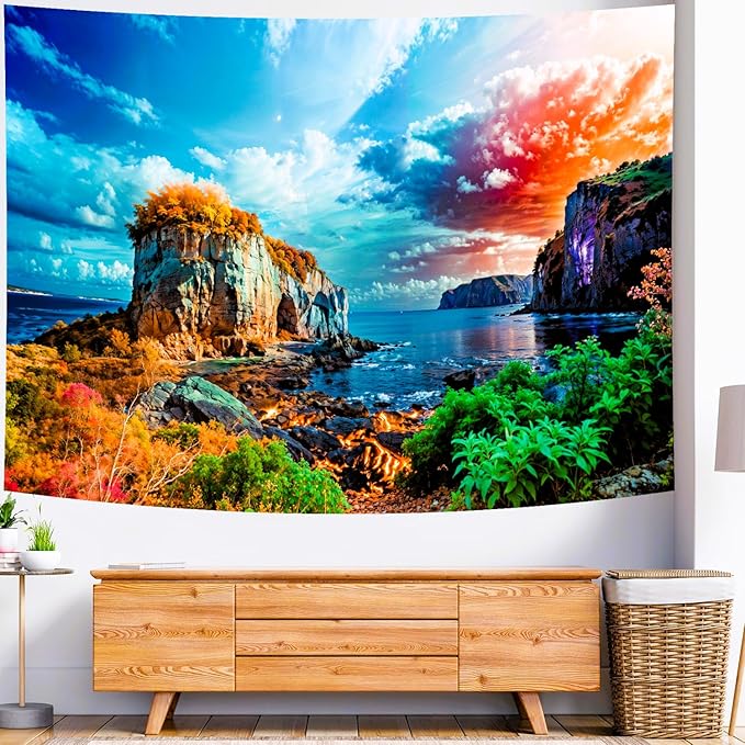 Delur Coastal Ocean Beach Tapestry Tropical Forest Tree Sunrise Sea Landscape Tapestry Wall Hanging Wave Sunset Nature Colorful Spiritual Headboard for Bedroom Living Room Home Decor (51.2" x 59.1")