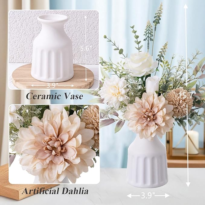 Fake Flowers in Vase, Artificial Flowers with Vase, 15.7'' Floral Arrangements for Dining Table Centerpiece Decor, Silk Roses & Faux Dahlia Bouquet for Farmfouse Kitchen Coffee Table Decor (Brown)