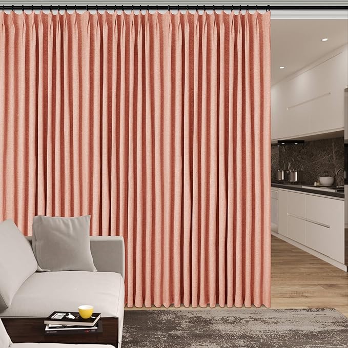 Full Blackout Privacy Curtains, 240 Inch Extra Wide Linen Blend Drapes, Pinch Pleat Window Drapery for Room Divider Storage/Space Room Separation, 1 Panel, W 240" x L 96", Orange