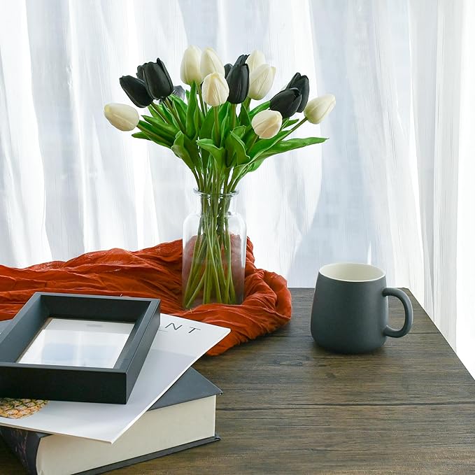Mandy's Artificial Tulips 20 Stems Black and White PU Faux Flowers for Wedding Home Decor 13.5 Inch