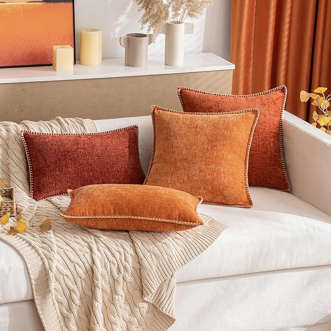 MIULEE Pack of 2 Fall Couch Throw Pillow Covers 12x20 Inch Rust Farmhouse Decorative Pillow Covers with Stitched Edge Soft Chenille Solid Dyed Pillow Covers for Sofa Bed Living Room