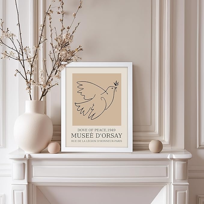 Poster Master Vintage Poster - Retro Minimalist Print - Gift for Artist, Friend - Dove Of Peace, Line Drawing, Sketch, Abstract - Wall Decor for Living Room, Bedroom, 8x10 White Framed