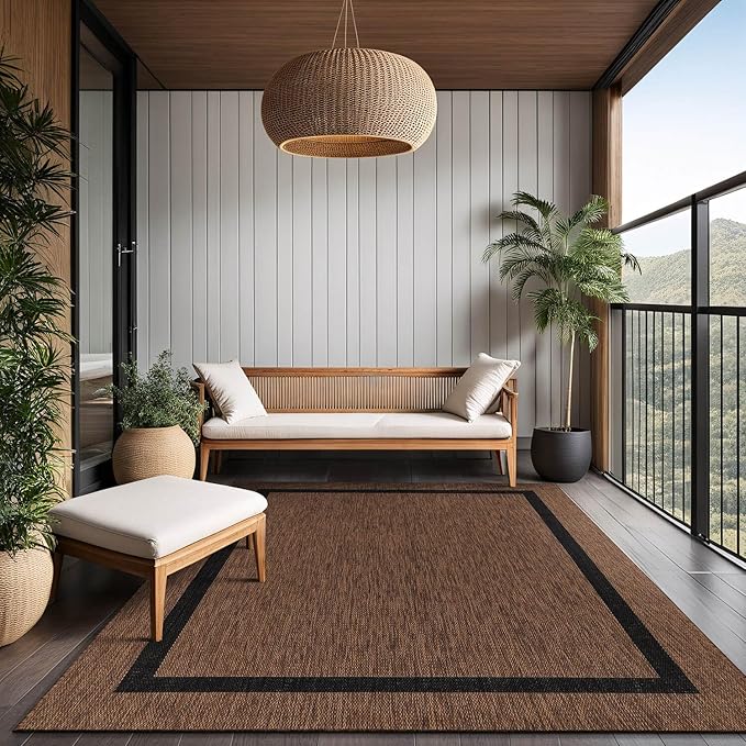 Bordered Outdoor Rug 6x9 Washable Outside Carpet for Indoor Patio Porch Waterproof Easy Cleaning Non Shedding Area Rugs Nut Brown - Black 6 x 9