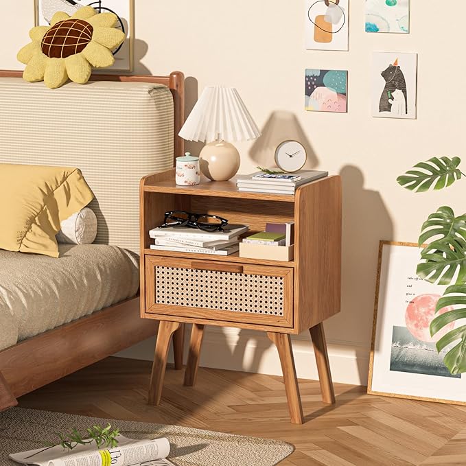 Lerliuo Rattan Nightstands Set of 2, Side Table with Drawer, Cane Accent Bedside End Table with Solid Wood Legs, Mid Century Modern Night Stand for Bedroom, Dorm and Small Spaces (Tea Brown)