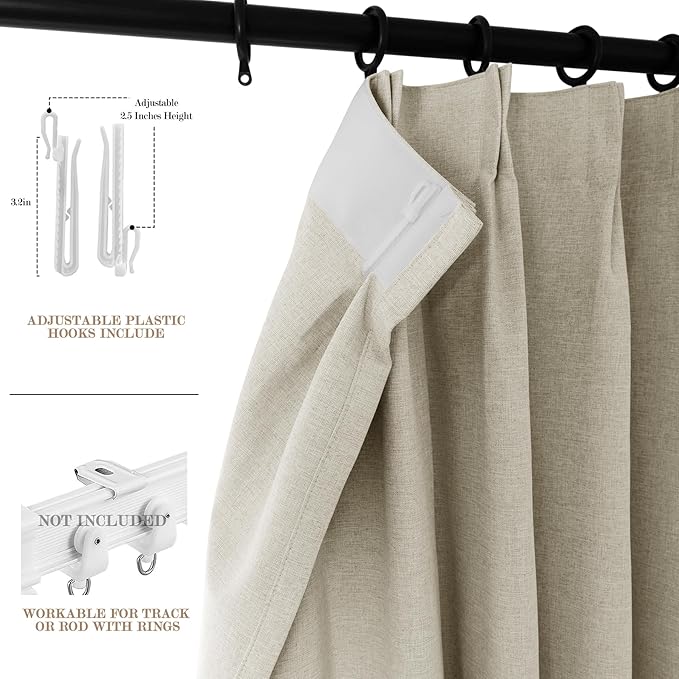 Ivory White Pinch Pleat 100% Blackout Drapes Linen Blend, Room Divider, Room Darkening, Energy Saving, Furniture Protecting, Light Blocking Extra Wide Privacy Curtains, 240Wx84L, 1 PC