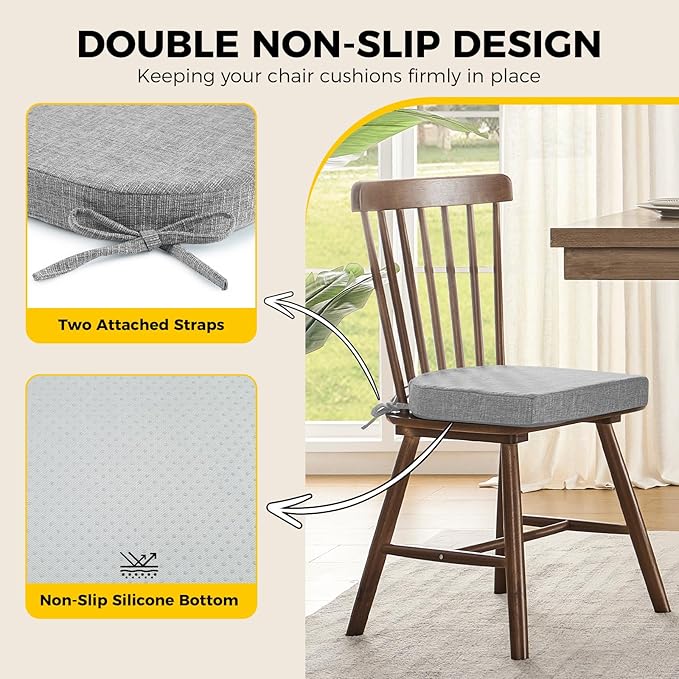 downluxe Indoor Chair Cushions for Dining Chairs, Soft and Comfortable Textured Foam Kitchen Chair Pads with Ties and Non-Slip Backing, 16" x 16" x 2", Light Grey, 4 Pack