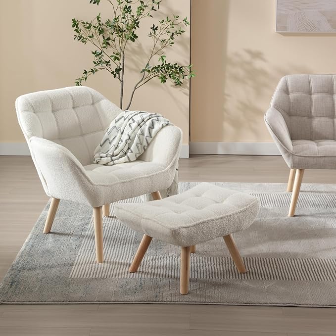 Modern Sherpa Accent Chair with Ottoman Set of 2, Fluffy Upholstered Lounge Chair with Footrest, Comfy Living Room Side Boucle Armchair for Small Space Bedroom, White