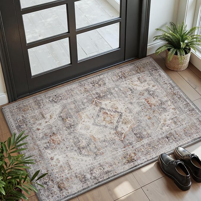 AMOAMI-2X3 Small Rug-Washable Rugs Entryway Mat Indoor-Soft Vintage Non Slip Rugs for Kitchen Laundry Room Bathroom Grey Decorative Accent Rug for in Front of Sink 24 Inch x36 Inch