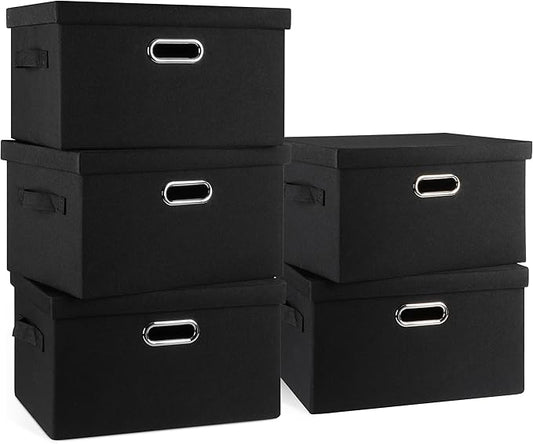 Medium 15" 21 Quart Collapsible Stackable Storage Bins with Lids, 5 Packs Black Foldable Fabric Closet Storage Boxes with Lids, Lidded Heavy-duty Linen Baskets(15x11x8)
