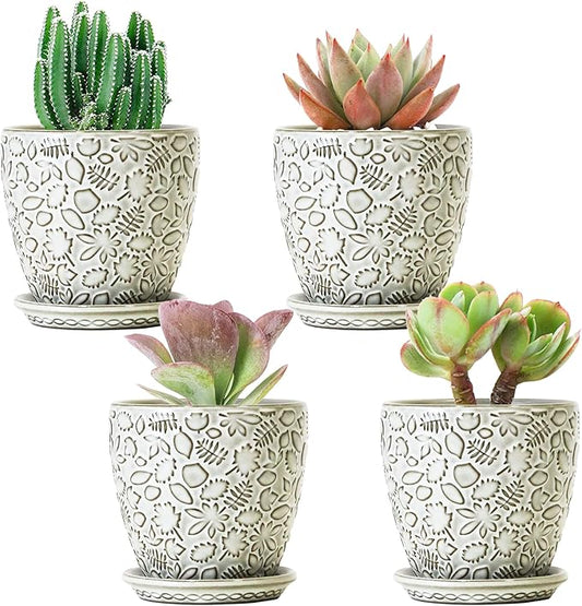 4 Inch Mini Plant Pots, Ceramic Succulent Planter with Drainage Hole and Saucers for Indoor Plants, Small Garden Pots for Succulent, Herb and Flower, Set of 4