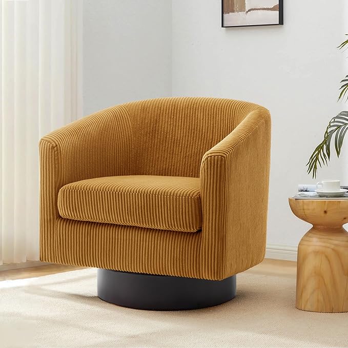 Swivel Barrel Accent Chair, Modern Round Corduroy Fabric Arm Chair for Living Room, Bedroom, Comfy Club Reading Chairs for Adults (Corduroy Orange, Set of 1)