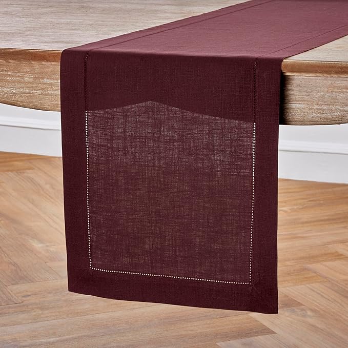 Solino Home Linen Burgundy Table Runner 108 Inches Long - 100% Pure Linen 14 x 108 Inch Table Runner for Fall, Autumn, Thanksgiving - Classic Hemstitch