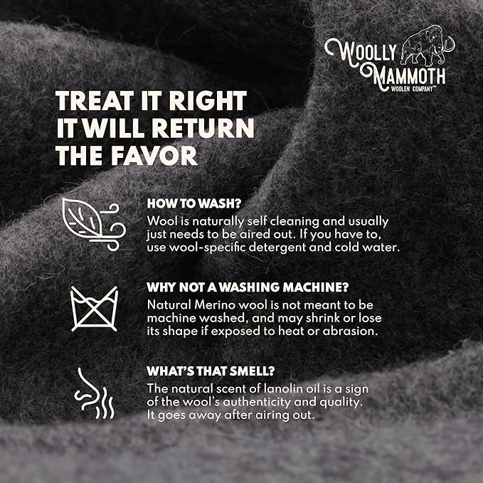 Woolly Mammoth Woolen Company Camping Wool Blanket - 66 in x 90 in Black & Cream Plaid - Heavyweight Merino Wool Outdoor Throw Blanket & Bedroll - Insulating Warm for Winter, Picnic & Travel