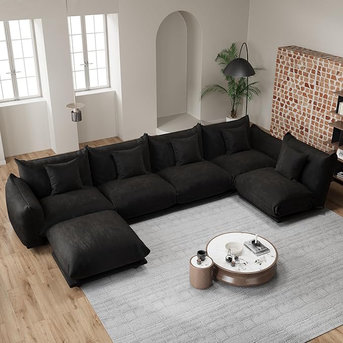 Modern Minimalist Chenille Modular Sectional Sofa, Oversized Deep-Seat U-Shaped Couch with Movable Ottoman, Thick Cushions, Upholstered Sofa for Living Room, Bedroom, Office, Apartment Black 1 Ottoman