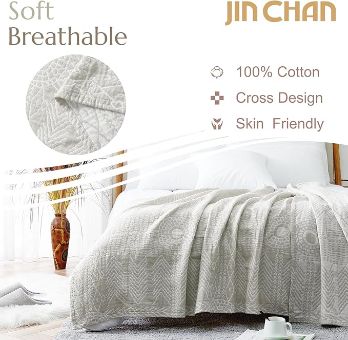 JINCHAN Boho 100% Cotton Muslin Blanket 3-Layer Queen Size 80x90 Inches Geometric Light Grey Lightweight Reversible Soft Comfy Throw for Couch Sofa Bed Coverlet Quilt Large Blanket Bedroom All Seasons